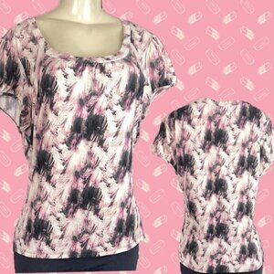 Worthington L Pink-Black-Cream Splash Print Scoop Neckline Short Sleeve Blouse
